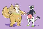  2015 2_toes 3_toes 5_fingers anthro black_fur black_nose bovine canine cattle digital_drawing_(artwork) digital_media_(artwork) duo fox fur green_fur hair hi_res hooves inflatable male mammal markings multi_tail multicolored_fur myoti nozzle nude open_mouth pink_nose purple_background simple_background spots spotted_fur surprise tan_fur teats toes transformation two_tone_fur udders white_fur white_hair 