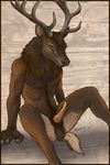  2017 animal_genitalia animal_penis anthro antlers balls brown_fur caribou_(artist) cervine cervine_penis deer fur hooved_fingers hooves horn male mammal nude orange_eyes penis red_deer solo spread_legs spreading tapering_penis 