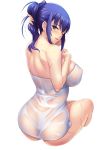  1girl ass blue_eyes blush breasts curvy erect_nipples female huge_ass large_breasts lilith-soft long_hair looking_at_viewer looking_back misao_~injoku_ninpouden~ nobushito_kuro nude scar shiny simple_background taimanin_(series) taimanin_asagi_battle_arena white_background yukishiro_misao 