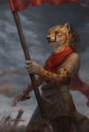  anthro cheetah clothed clothing cloud feline flag fur green_eyes gun handgun inner_ear_fluff latex_(artist) male mammal melee_weapon outside ranged_weapon revolver sky solo spots spotted_fur standing sword weapon whiskers 