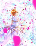  bangs blurry blurry_foreground blush brown_hair cardcaptor_sakura closed_mouth commentary_request crown crystal depth_of_field dress eyebrows_visible_through_hair feathered_wings feathers gloves green_eyes hand_up highres kinomoto_sakura looking_at_viewer looking_back magical_girl mini_crown petals see-through sitting sleeveless sleeveless_dress smile solo swordsouls white_dress white_feathers white_gloves white_wings wings yume_no_tsue 