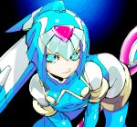  android bent_over blue_eyes bodysuit elbow_gloves female gloves helmet leviathan_(rockman) rockman rockman_zero simple_background smile solo thighhighs weapon zakki 