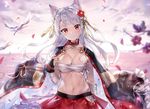  animal_ears anthropomorphism azur_lane bandage blush breasts cleavage clouds collar doggirl flowers long_hair navel petals red_eyes sarashi sky takeashiro water white_hair yuudachi_(azur_lane) 