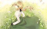  bangs blonde_hair blue_eyes braid bush day flower from_above grass green_skirt hair_ribbon long_hair long_sleeves looking_at_viewer looking_back looking_up low_ponytail mechanical_hand nagu outdoors petals ribbon shirt skirt skirt_hold solo standing violet_evergarden violet_evergarden_(character) white_shirt wind 