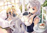  :d animal_ears apron azur_lane bangs bare_shoulders bekotarou belfast_(azur_lane) black_panties blonde_hair blue_eyes book bookshelf bow braid breasts buttons chain choker cleavage closed_eyes collarbone commentary commentary_request cream creamer_(vessel) crown cup curtains detached_collar elbow_gloves epaulettes facing_to_the_side french_braid frills gloves hair_bow hair_tubes hand_on_own_chest headband indoors large_breasts long_hair looking_at_another looking_at_viewer maid maid_apron maid_headdress mini_crown multiple_girls no_pants open_mouth panties partial_commentary pillar purple_eyes queen_elizabeth_(azur_lane) rigging scarf shoes sidelocks silver_hair sitting skirt sleeveless smile standing swept_bangs tea teacup underwear warspite_(azur_lane) white_gloves window 