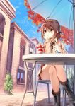  alternate_costume autumn_leaves boots brown_eyes brown_hair brown_jacket chair cityscape crossed_legs day earphones hairband head_on_hand highres jacket kantai_collection listening_to_music long_sleeves nyum orange_hairband outdoors parasol phone shiratsuyu_(kantai_collection) short_hair sky solo table tree umbrella 