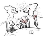  anthro black_and_white blush canine clothed clothing dialogue disney embarrassed english_text female fox group jack_savage judy_hopps lagomorph male mammal monochrome nick_wilde nobby_(artist) phone rabbit simple_background skye_(zootopia) speech_bubble text zootopia 