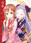  2girls asuna_(sao) blush braid brown_eyes brown_hair closed_eyes flower hair_flower hair_ornament hands_on_shoulders highres japanese_clothes kimono long_hair multiple_girls open_mouth ribbon smile sword_art_online twin_braids yuna_(sao) 