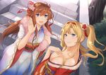  bare_shoulders blonde_hair blue_eyes braid breasts brown_hair cleavage fur_trim granblue_fantasy hair_ornament hair_rings hand_on_own_chest japanese_clothes kimono large_breasts lecia_(granblue_fantasy) long_hair multiple_girls obi off_shoulder open_mouth parted_lips sash shawl stairs terry_(pixiv3274443) twintails waving wide_sleeves zeta_(granblue_fantasy) 