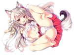  animal_ears azur_lane barefoot breasts dog_ears dog_tail eyebrows_visible_through_hair fang feet flower full_body hair_flower hair_ornament highres legs_up long_hair looking_at_viewer medium_breasts moeki_yuuta navel open_mouth panties partially_visible_vulva pleated_skirt red_eyes sarashi silver_hair simple_background skirt soles spread_legs tail thick_eyebrows underwear white_background yuudachi_(azur_lane) 