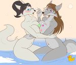  2017 4_toes absurd_res anthro between_breasts big_breasts blue_eyes blush boop breast_squish breasts breasts_frottage brown_hair bubble canine chloe_shiwulf colored duo eyewear female female/female fur glasses grey_fur hair hi_res long_hair mammal multicolored_fur navel open_mouth partially_submerged ponytail purple_eyes rubber_duck simple_background soap tattoo toes two_tone_fur water white_fur wolf zp92 