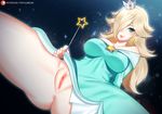  anus aqua_eyes blonde_hair breasts crown dress logo long_hair nopan pussy rosalina skirt_lift spread_legs super_mario tofuubear uncensored watermark 