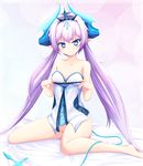  barefoot bed_sheet blue_eyes bottomless breasts cat_and_rabbit collarbone elsword eyebrows_visible_through_hair hair_between_eyes highres horns long_hair luciela_r._sourcream no_panties noblesse_(elsword) pointy_ears silver_hair sitting small_breasts smile solo strapless twintails very_long_hair 