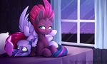  2018 bed bed_covers bedding bedroom blush book broken_horn chest_tuft cuddling curtains cute cutie_mark duo equine eye_scar eyebrows eyelashes feathered_wings feathers female fizzlepop_berrytwist_(mlp) friendship_is_magic fur hair horn inside lying magic makeup mammal mascara multicolored_hair my_little_pony my_little_pony_the_movie night night_sky on_back pillow pink_hair purple_eyes reading scar scarlet-spectrum sitting smile sparkles star teal_eyes tempest_shadow_(mlp) text tuft twilight_sparkle_(mlp) unicorn watermark window winged_unicorn wings 