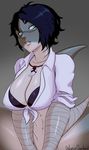  big_breasts bikini bikini_top black_hair blue_eyes bottomless breasts clothed clothing female fish front-tie_top galactic_overlord gills grey_skin hair hand_wraps humanoid jewelry looking_at_viewer marine necklace out-of-frame_censoring scar shark sharp_teeth short_hair sitting solo swimsuit teeth wraps zhaleh 