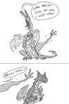  anthro becky_(dragon) book claws dialogue dragon duo female horn humor leg_out monochrome pocketss scalie shedding smile spade_tail wings 