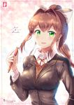  :o artist_name bad_proportions blush breasts brown_hair character_name chinchongcha doki_doki_literature_club english green_eyes highres impossible_clothes large_breasts long_hair looking_at_viewer monika_(doki_doki_literature_club) pencil pink_background ponytail sidelocks solo upper_body 