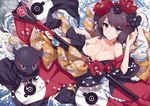  animal bangs bare_shoulders black_hair black_kimono blue_eyes breasts calligraphy_brush checkered cleavage closed_mouth collarbone commentary_request eyebrows_visible_through_hair fate/grand_order fate_(series) flower hair_between_eyes hair_flower hair_ornament highres holding holding_paintbrush japanese_clothes katsushika_hokusai_(fate/grand_order) kimono kinona large_breasts obi octopus off_shoulder oversized_object paintbrush sash short_hair tokitarou_(fate/grand_order) v-shaped_eyebrows water waves wide_sleeves 