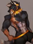  2018 5_fingers abs biceps black_eyes black_fur black_hair blue_eyes canine clothed clothing collar fur hair looking_at_viewer male mammal muscular muscular_male nipples pecs simple_background smile teeth topless vexstacy 