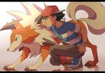  ash_ketchum brown_eyes claws dusk_lycanroc fur green_eyes lycanroc mammal nintendo orange_fur pok&eacute;mon pok&eacute;mon_(species) red_hat video_games 