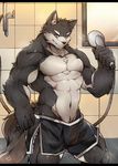  2018 abs anthro biceps canine clothed clothing digital_drawing_(artwork) digital_media_(artwork) fur hi_res kemono looking_at_viewer male mammal multicolored_fur muscular muscular_male pecs simple_background tengo topless wolf 