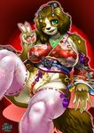  2018 anthro bottomless breasts canine clitoris clothed clothing erect_clitoris female fur hair japanese_clothing kimono kuro-gane legwear looking_at_viewer mammal nipple_slip nipples one_eye_closed pubes pussy smile solo stockings thigh_highs v_sign wink 