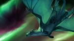  4_wings allagar ambiguous_gender aurora_borealis claws countershading detailed_background dragon feral flying fur furred_dragon green_fur head_spikes jaw_spikes low-angle_view mammal membranous_wings multi_wing night outside sky solo spread_wings star white_countershading wings 