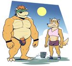  2018 3_toes 4_fingers 5_fingers bedroom_eyes black_nose blush body_hair bowser brown_fur bubble bucket bulge canine clothed clothing cloud collar duo elfein embarrassed eyewear footwear fox_mccloud front_view fur glasses hair half-closed_eyes happy_trail horn koopa larger_male looking_at_viewer looking_away male mammal mario_bros muscular muscular_male navel nintendo pubes red_hair scales scalie seductive shadow shoes shorts simple_background size_difference slightly_chubby smaller_male smile spiked_collar spikes standing star_fox sun sweat thong toes topless video_games yellow_scales 