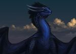  allagar ambiguous_gender black_hair blue_eyes blue_scales cloud detailed_background dragon face_spikes feral glowing glowing_eyes hair horn membranous_wings outside portrait scales scalie sky solo sunset western_dragon wings 