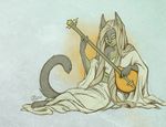  2012 anthro blonde_hair blue_eyes cat clothed clothing feline female fur goldendruid green_fur grey_fur hair holding_object mammal musical_instrument solo 