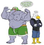  2017 3_toes 5_fingers 5_toes animal_crossing anthro apollo_(animal_crossing) armor avian beard belly big_belly big_top_(animal_crossing) bird black_feathers blue_eyes body_hair chest_hair clothed clothing crossed_arms duo eagle elephant english_text facial_hair feathers flexing grey_skin happy_trail helmet jacket jeans looking_at_another male mammal muscular muscular_male navel nintendo nipple_piercing nipples open_mouth open_shirt orange_eyes pants piercing shorts simple_background size_difference slightly_chubby smile talons tattoo teeth text toes topless trunk video_games white_background white_feathers wkd 