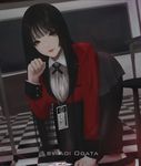  aoi_ogata arm_up bangs black_hair blunt_bangs breasts commission eyebrows_visible_through_hair full_body highres jabami_yumeko kakegurui large_breasts lips long_hair long_sleeves looking_at_viewer open_clothes open_shirt pantyhose parted_lips red_eyes shirt solo white_shirt 