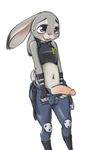  anthro balls big_penis blush clothed clothing dickgirl disney embarrassed flat_chested half-erect humanoid_penis intersex judy_hopps lagomorph mammal open_pants partially_clothed penis rabbit solo standing sweat undressing uniform yang_(artist) zootopia 