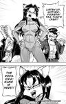  2018 anteater anthro baseball_bat black_and_white breasts canine clothing comb comic daigaijin dialogue english_text female fox furryfight_chronicles grin group hair_dryer jacket jumpsuit leather leather_jacket male mammal monochrome roda_kira smile text yelling zipper 