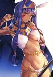  absurdres animal_ears bracelet breasts bunny_ears cameltoe earrings egyptian egyptian_clothes facial_mark fate/grand_order fate_(series) finger_to_mouth fingernails grin groin hair_rings hairband highres hoop_earrings jewelry long_hair looking_at_viewer medium_breasts nanao_(mahaya) navel nitocris_(fate/grand_order) non-web_source purple_eyes purple_hair scan shiny shiny_hair sidelocks smile solo toned underboob very_long_hair 