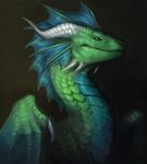  allagar ambiguous_gender blue_countershading blue_eyes countershading dragon feral green_background green_scales horn jaw_spikes membranous_wings portrait scales scalie simple_background solo western_dragon wing_claws wings 