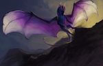  allagar ambiguous_gender blue_scales cloud detailed_background dragon feral flying horn leaning membranous_wings mountain outside purple_scales scales scalie sky solo spread_wings sun sunrise western_dragon wings 
