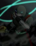  2012 3_fingers abs alien angry belt blood blue_eyes clothed clothing digital_drawing_(artwork) digital_media_(artwork) disney gantu grey_skin holding_object holding_weapon lilo_and_stitch muscular plasma_rifle sharp_teeth simple_background smoke solo standing teeth uniform weapon yuseimutu 