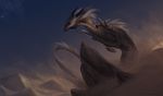  allagar ambiguous_gender blue_eyes countershading desert detailed_background dragon dust eastern_dragon feral fur furred_dragon grey_fur horn mammal night outside rock sand scalie shoulder_spikes sky solo standing star sunset white_countershading 