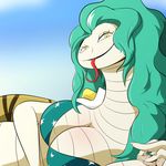  boa_sandersonia breasts cleavage clothed clothing davidsanchan duo female green_hair hair larger_female long_hair looking_at_viewer male naga one_piece penis reptile scalie size_difference snake tongue tongue_out 