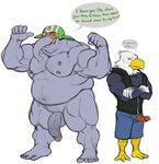  2017 3_toes 5_fingers 5_toes animal_crossing anthro apollo_(animal_crossing) armor avian balls beard belly big_belly big_top_(animal_crossing) bird black_feathers blue_eyes body_hair chest_hair clothed clothing crossed_arms duo eagle elephant english_text erection facial_hair feathers flexing grey_penis grey_skin half-erect happy_trail helmet humanoid_penis jacket jeans looking_at_another looking_at_penis male mammal muscular muscular_male navel nintendo nipple_piercing nipples nude open_mouth open_shirt orange_eyes pants partially_clothed penis penis_size_difference penis_through_fly piercing poking_out pubes red_penis simple_background size_difference slightly_chubby smile talons tattoo teeth text toes trunk video_games white_background white_feathers wkd 