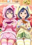  :d absurdres animal_hood aqua_eyes blue_hair blush bunny_hood handheld_game_console highres hood idolmaster idolmaster_million_live! long_hair looking_at_viewer md5_mismatch mochizuki_anna multiple_girls nanao_yuriko open_mouth pajamas playstation_vita purple_hair shiokazunoko short_hair side-by-side skirt smile striped striped_legwear thighhighs yellow_eyes 