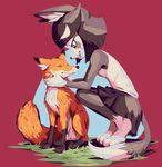  2018 anthro black_fur black_nose breasts canine clothed clothing duo eyes_closed female feral fox fur goshaag mammal nastypoke_(character) nude open_mouth orange_fur shirt tank_top whiskers 