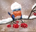  2018 annoyed avian berry bird blue_feathers bluebird cryptid-creations english_text feathers feral food fruit humor male orange_feathers pun snow solo text tree white_feathers 