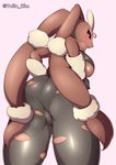  2017 anthro big_ears black_nose black_sclera blush breasts brown_fur butt camel_toe clothing eyelashes female fur hand_on_hip hi_res lagomorph looking_at_viewer looking_down low-angle_view mammal mega_evolution mega_lopunny multicolored_fur nintendo open_mouth pok&eacute;mon pok&eacute;mon_(species) pseudo_clothing purple_eyes side_boob simple_background solo standing tailzkim torn_clothing video_games white_background yellow_fur 