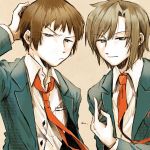  ancoromochico black_eyes brown_hair closed_mouth commentary_request jacket kita_high_school_uniform koizumi_itsuki kyon male_focus multiple_boys necktie school_uniform suzumiya_haruhi_no_yuuutsu 