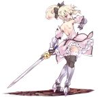  :o armored_boots artoria_pendragon_(all) ass bare_back black_legwear black_ribbon blonde_hair boots commentary_request cosplay detached_sleeves dress excalibur eyebrows_visible_through_hair eyes_visible_through_hair fate/kaleid_liner_prisma_illya fate_(series) from_behind full_body gauntlets hair_ribbon highres holding holding_sword holding_weapon illyasviel_von_einzbern long_hair looking_at_viewer looking_back panties pantyshot ponytail puffy_detached_sleeves puffy_sleeves red_eyes ribbon saber_lily saber_lily_(cosplay) shoulder_blades simple_background solo suzuki24 sword thighhighs underwear v-shaped_eyebrows weapon white_background white_panties 