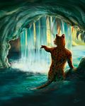  2017 anthro day detailed_background digital_media_(artwork) digital_painting_(artwork) feline fur goldendruid jaguar male mammal partially_submerged solo spots spotted_fur standing water 