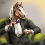  2017 anthro clothed clothing equine goldendruid horse male mammal simple_background sitting watermark yellow_eyes 
