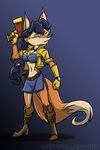  anthro black_nose blue_hair boots breasts brown_fur canine carmelita_fox cleavage clothed clothing collar female footwear fox fur gloves gun hair half-closed_eyes mammal midriff navel ranged_weapon skirt sly_cooper_(series) solo toonfx video_games weapon 
